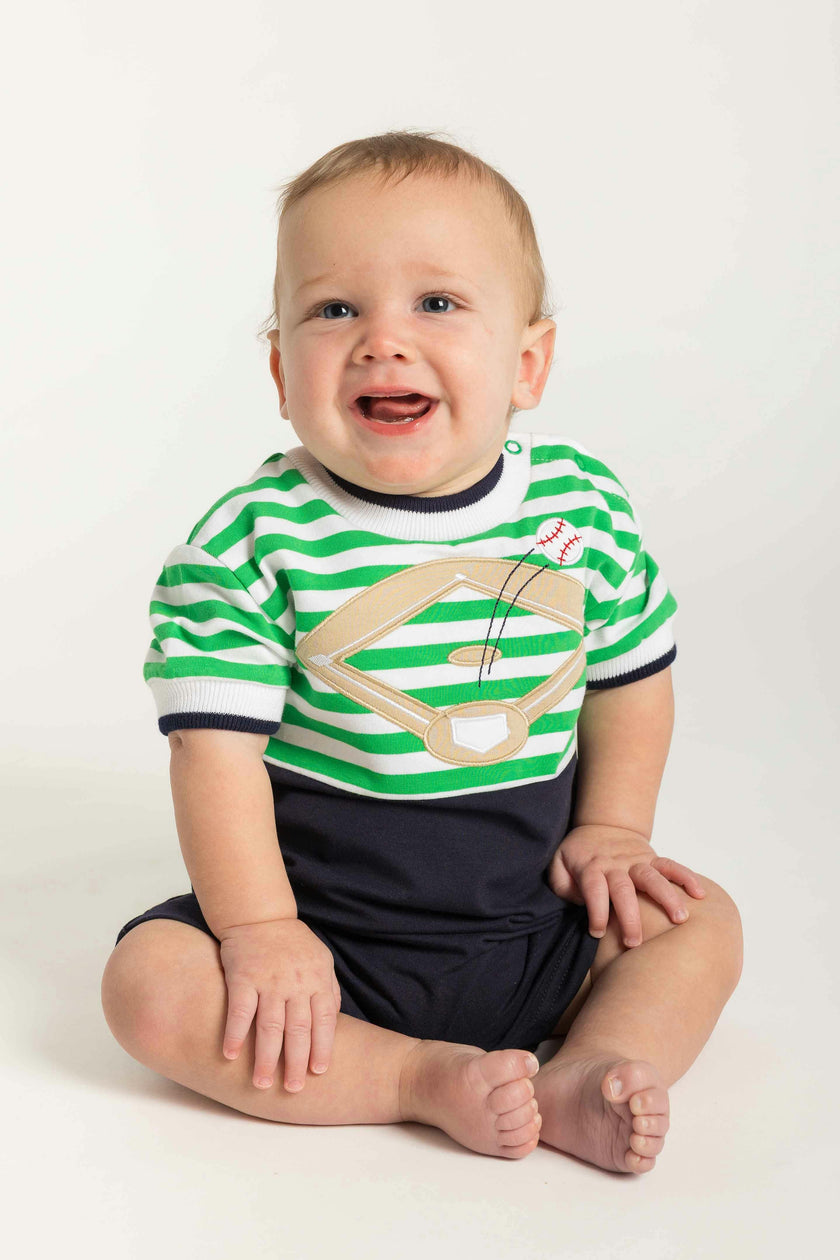Stripe Knit Shortall With Baseball Field