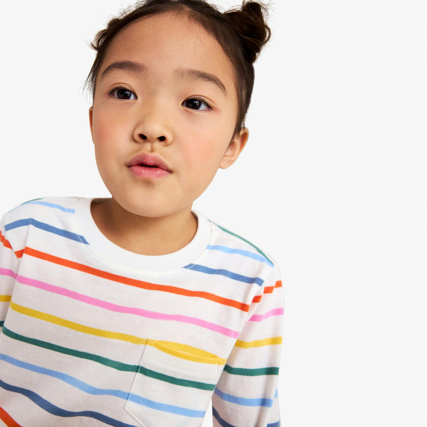 Kids long sleeve pocket tee in rainbow stripe