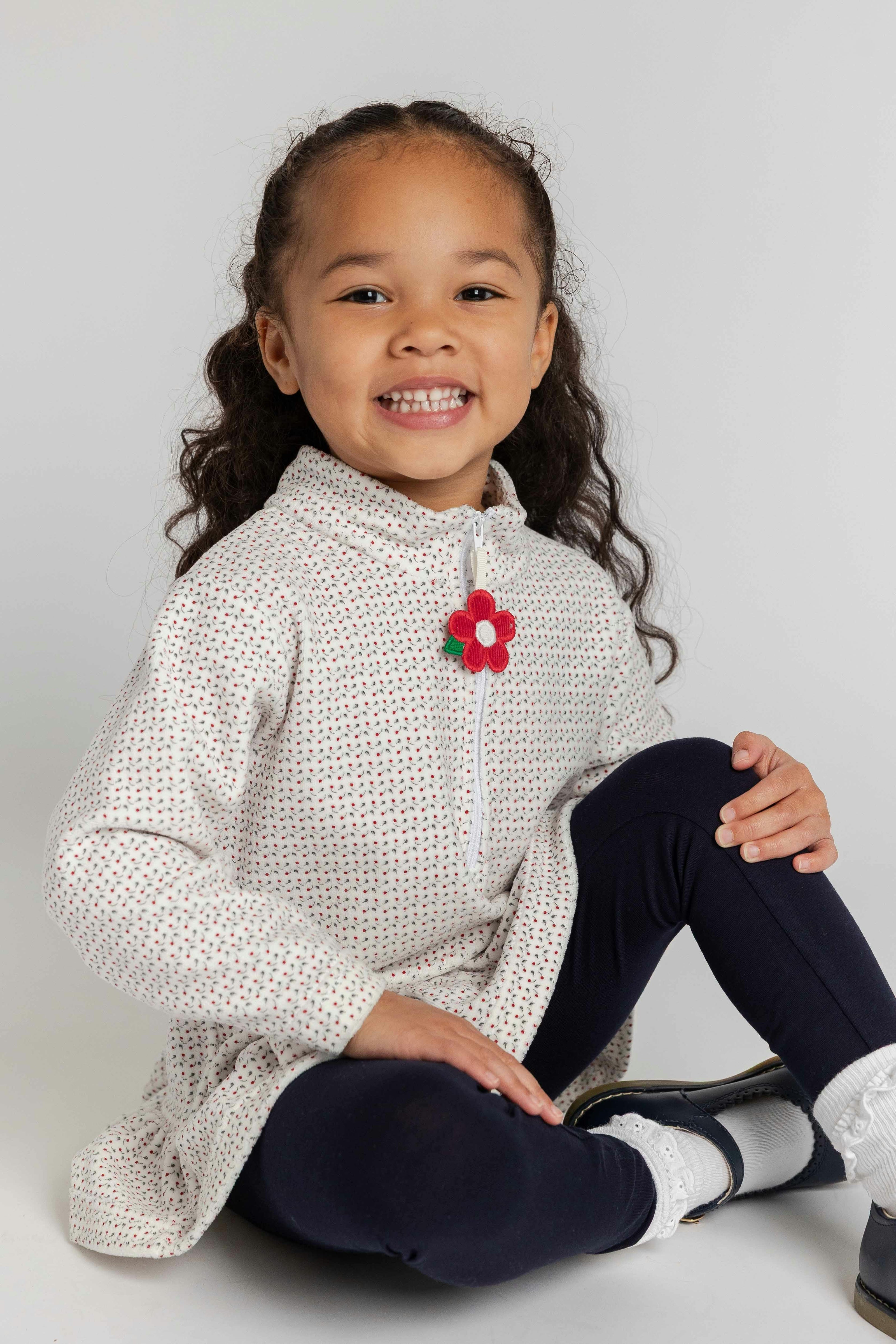 Printed Velour Half Zip Top with Flower Pull