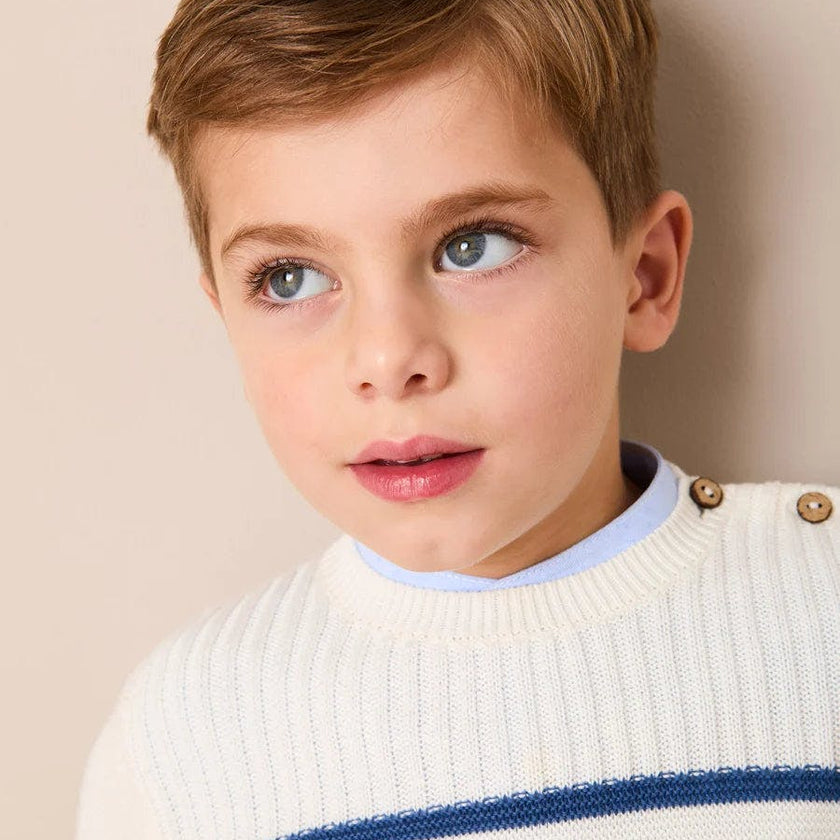 Striped Crewneck Ribbed Detail Blue & White Striped Jumper in Navy (12mths- 10yrs)