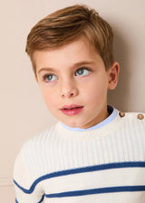 Striped Crewneck Ribbed Detail Blue & White Striped Jumper in Navy (12mths- 10yrs)