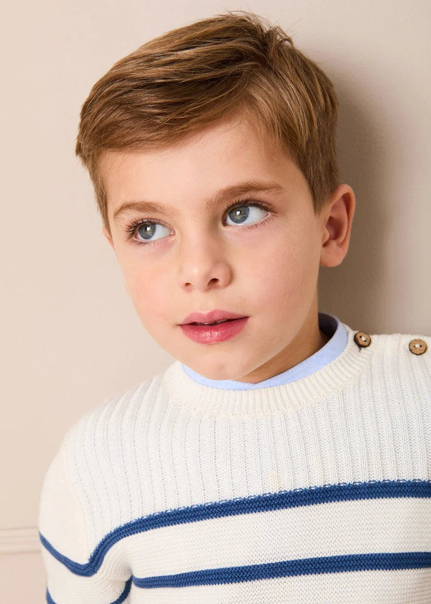 Striped Crewneck Ribbed Detail Blue & White Striped Jumper in Navy (12mths- 10yrs)