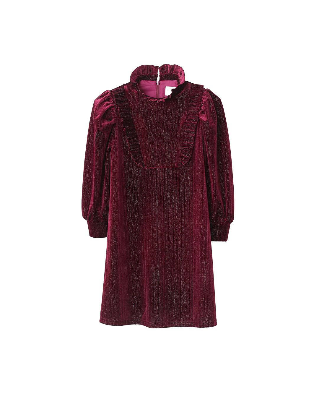 Lena Garnet Velvet Ruffle Collar Long Cuffed Sleeve Midi Dress, Red