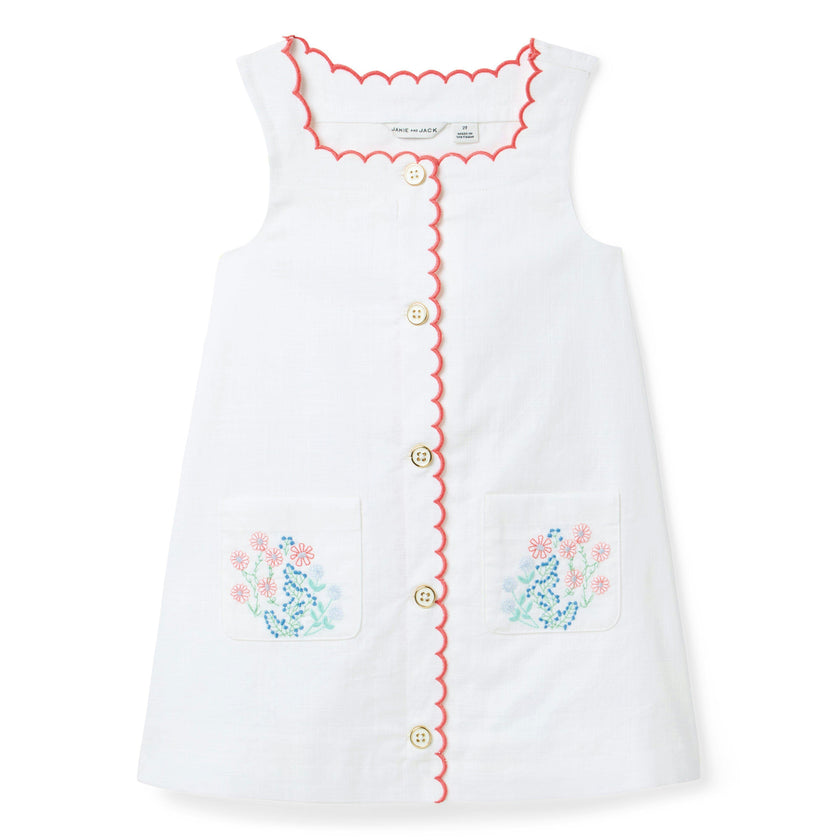 Embroidered Floral Pocket Dress, white