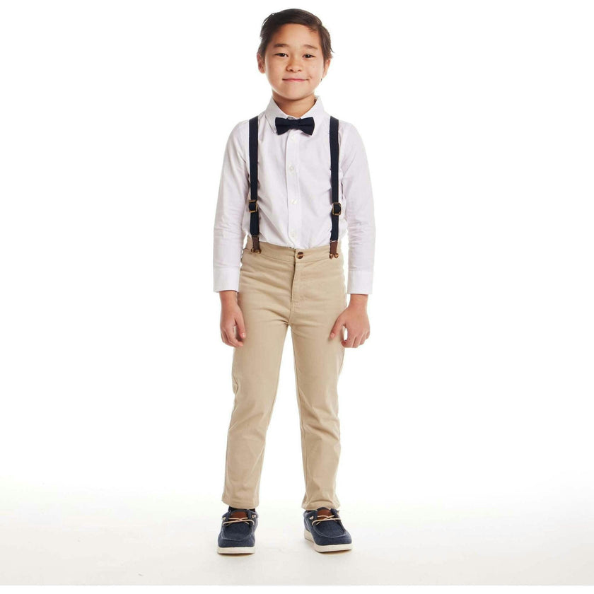 Kids White Buttondown Bowtie and Suspenders Set