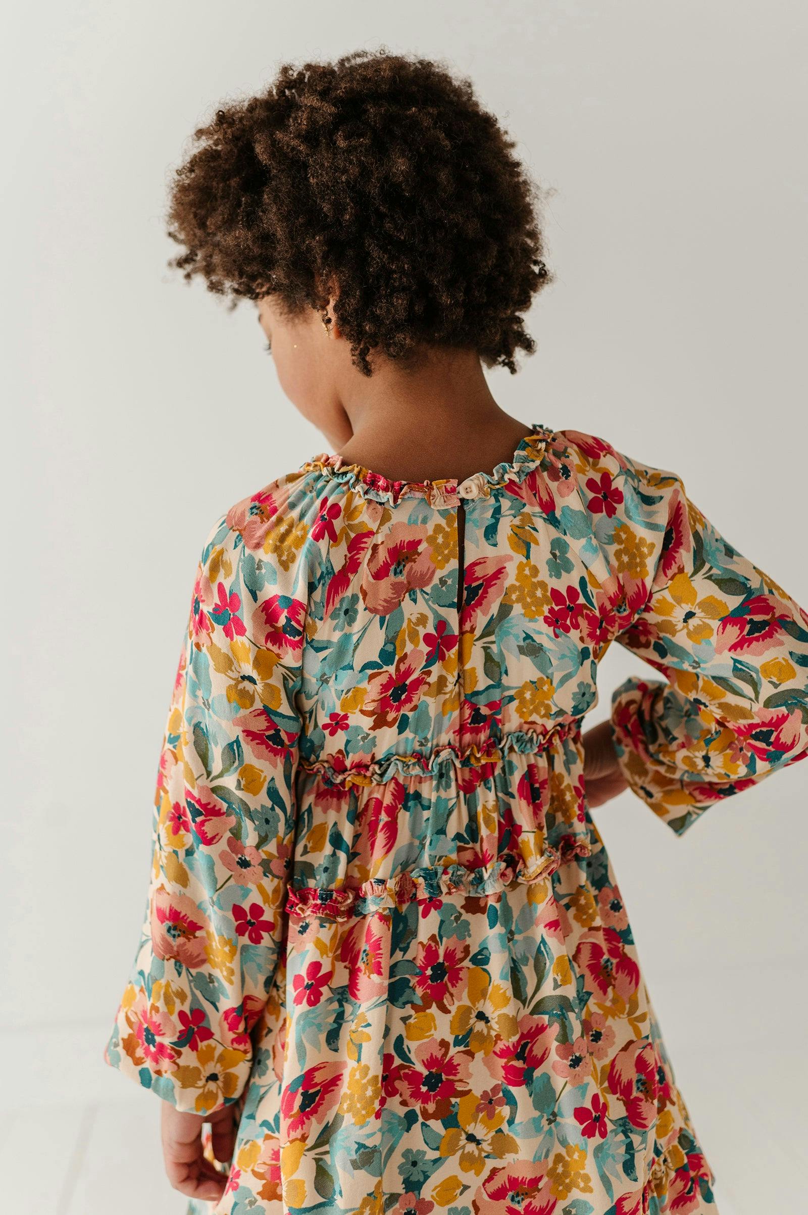 Girls Peasant Shirred Waist Dress in Cooper Painterly Floral