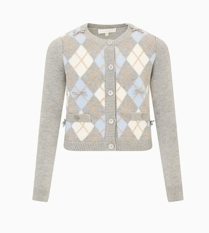 Reilly Tween Argyle Cardigan, Snow Angel