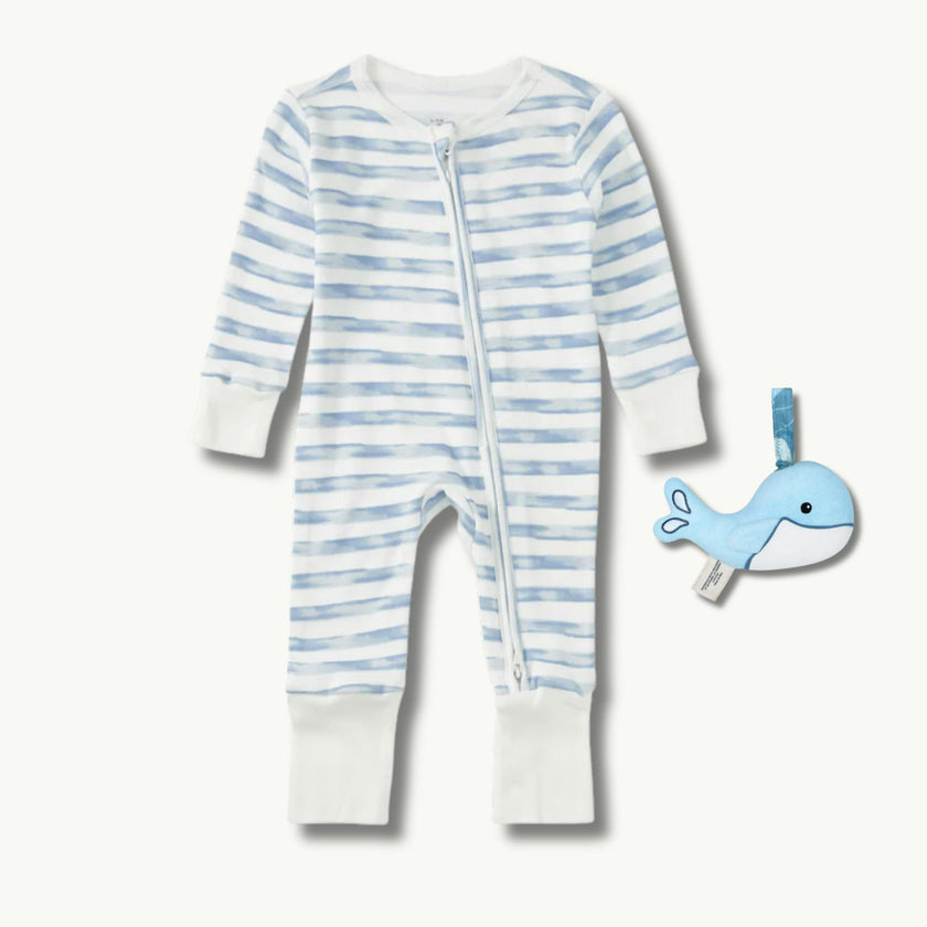 Convertible Coverall & Teething Rattle Set - Breezy Bay Stripe