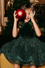 Bi-Material Short Sleeve Dress With Glittering Skirt Green Forest