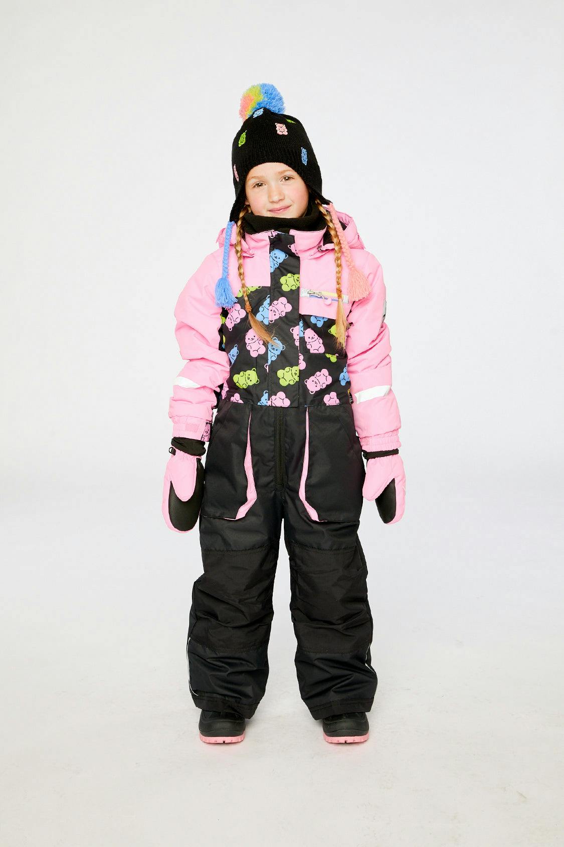 Kids One Piece Play Snowsuit Pink And Black Gummy Bear Print