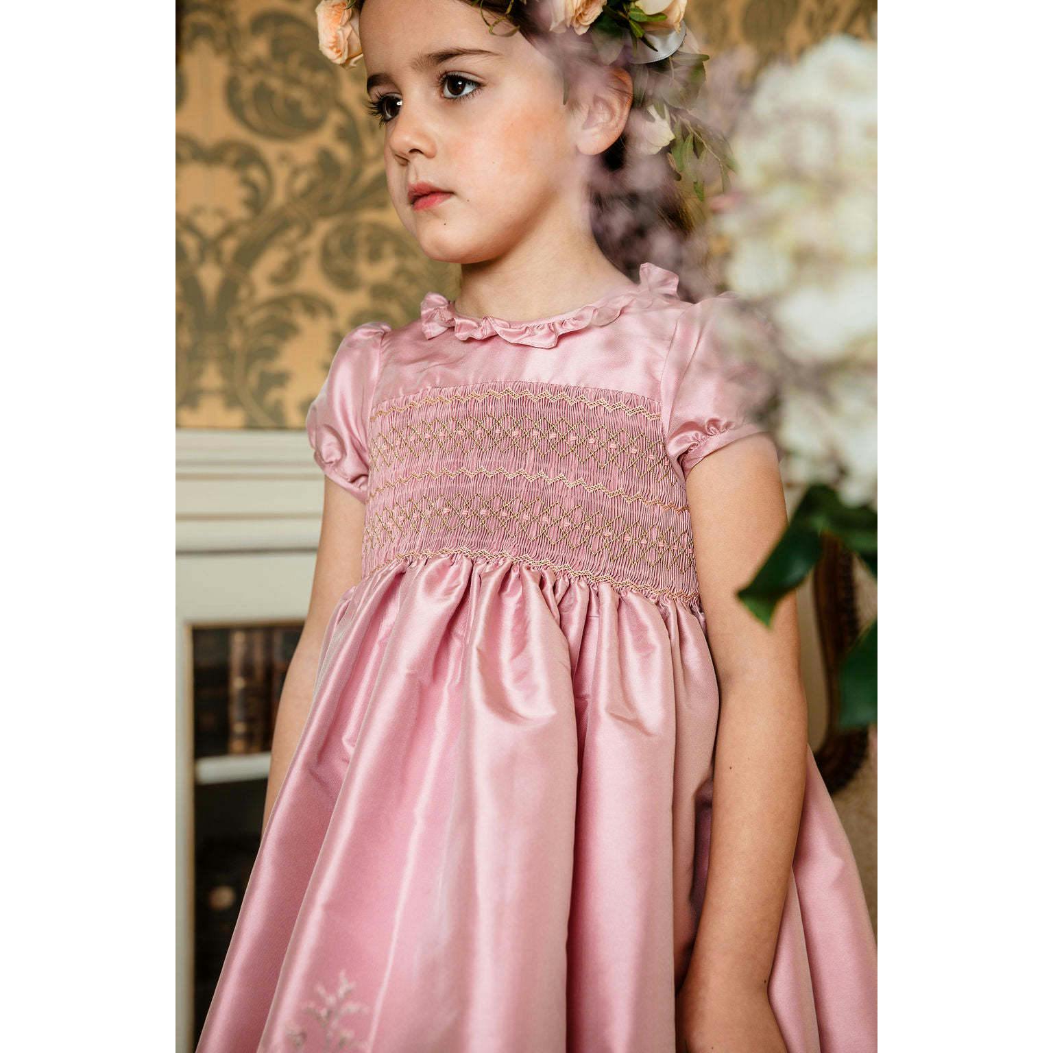 Astrid Pink Silk Smocked Girl Dress