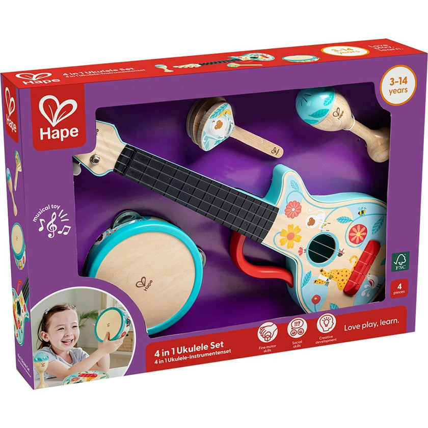 Hape: 4-In-1 Ukulele Set - 4pc Wooden Instrument Playset