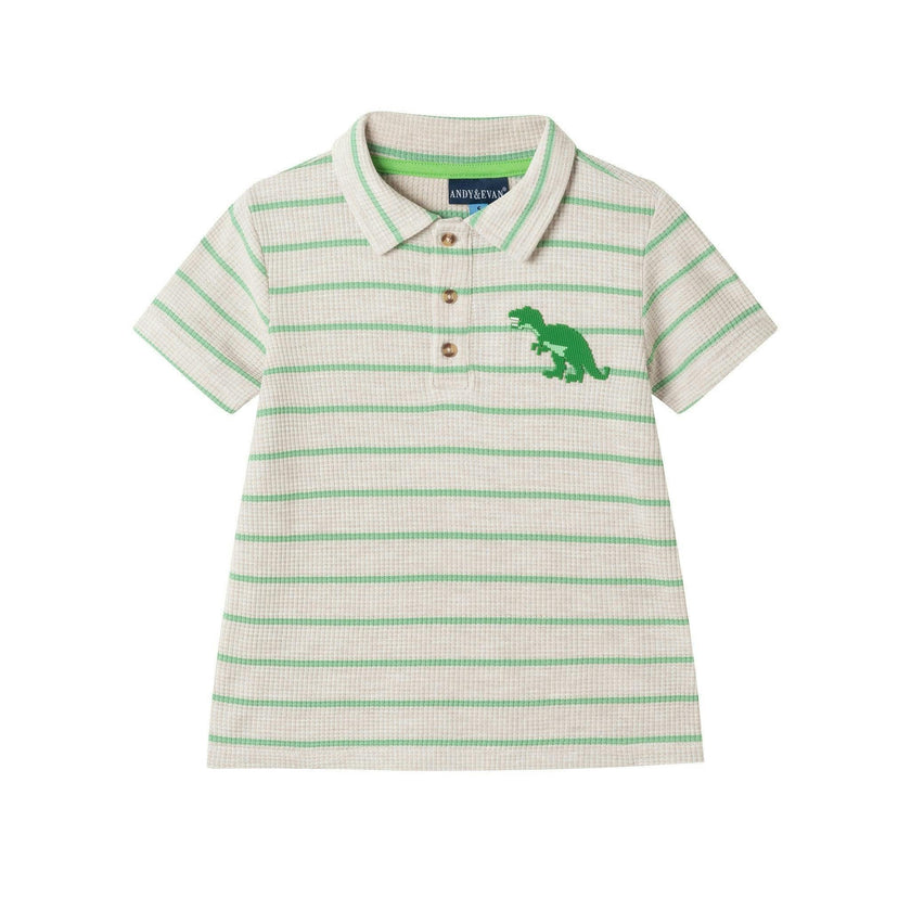 Boys Striped Waffle Polo Set | Oatmeal Dino
