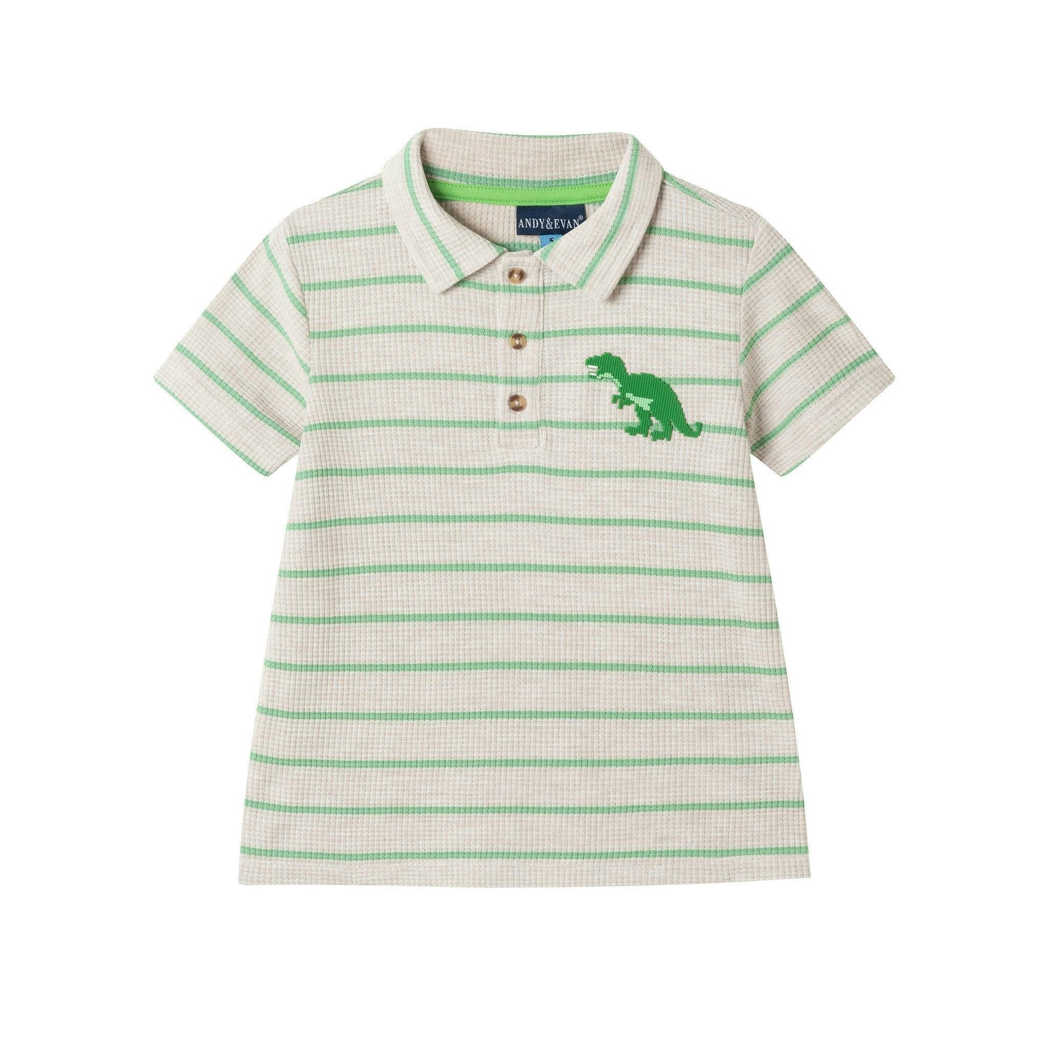 Boys Striped Waffle Polo Set | Oatmeal Dino