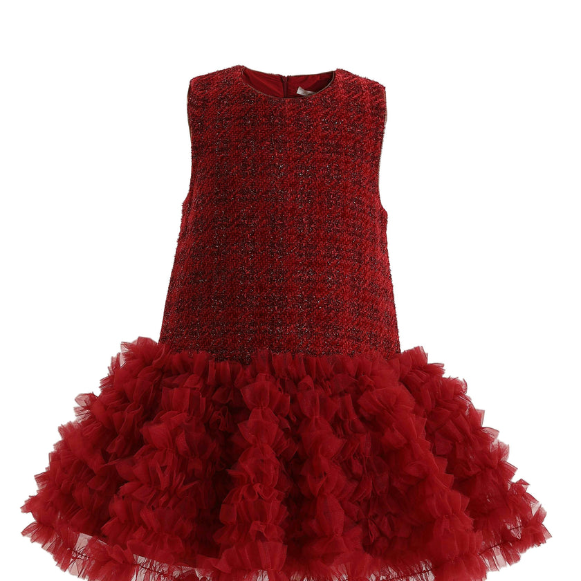 Red Tweed & Tulle Ruffle Dress