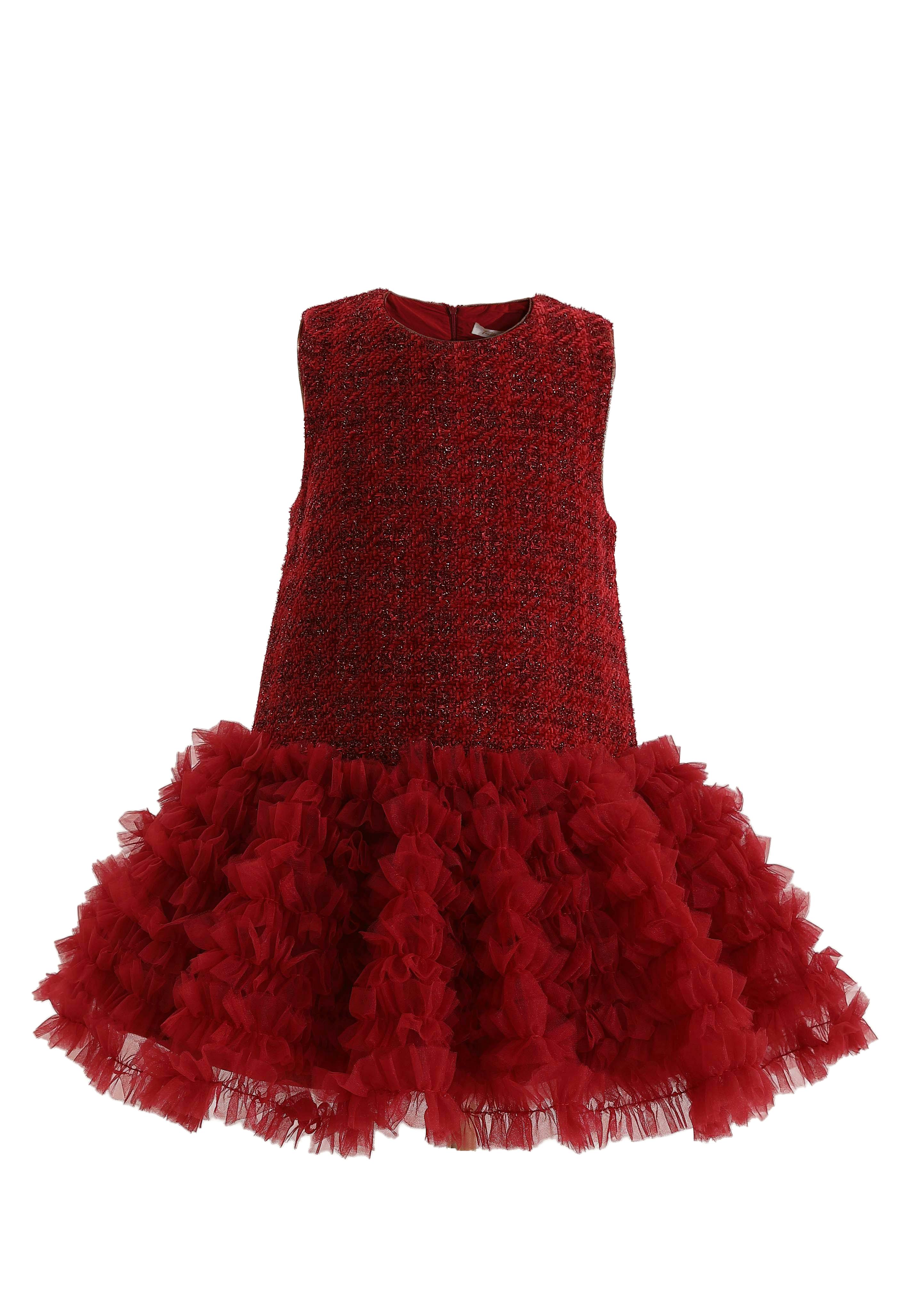 Red Tweed & Tulle Ruffle Dress