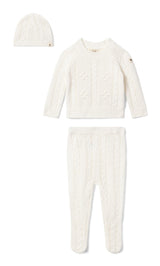 Braided Pointelle Knit Top, Leggings, and Hat Three Piece Set