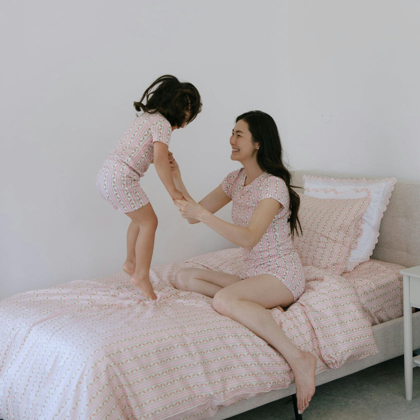 The Baby Lou Pointelle PJ Set - Floral Dot Stripe Pink
