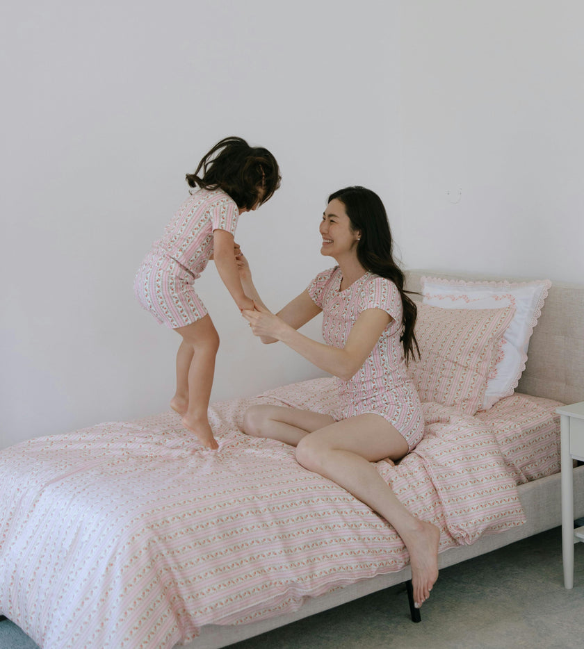 The Baby Lou Pointelle PJ Set - Floral Dot Stripe Pink