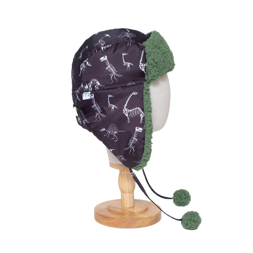The Cozy Trapper – Dino Bones Print with Katydid Green Sherpa Liner & Pompoms