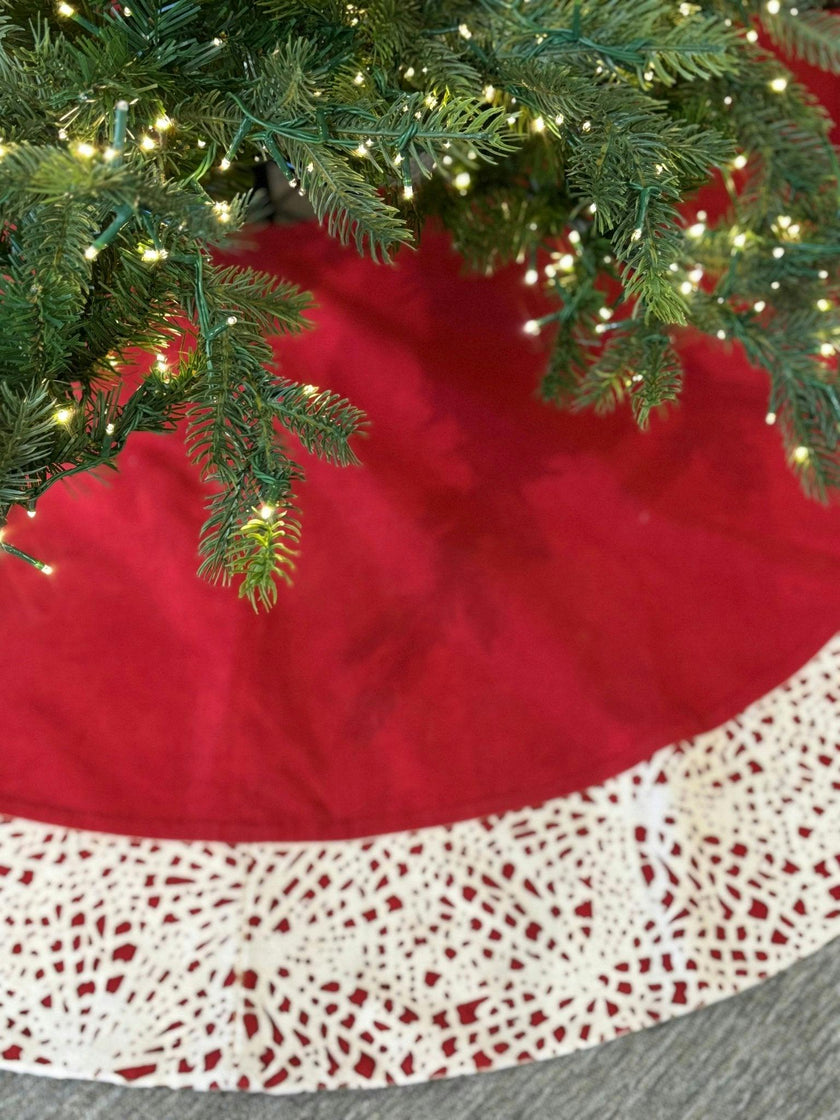 Handmade Linen Precision Cut Red Christmas Tree Skirt, 60"