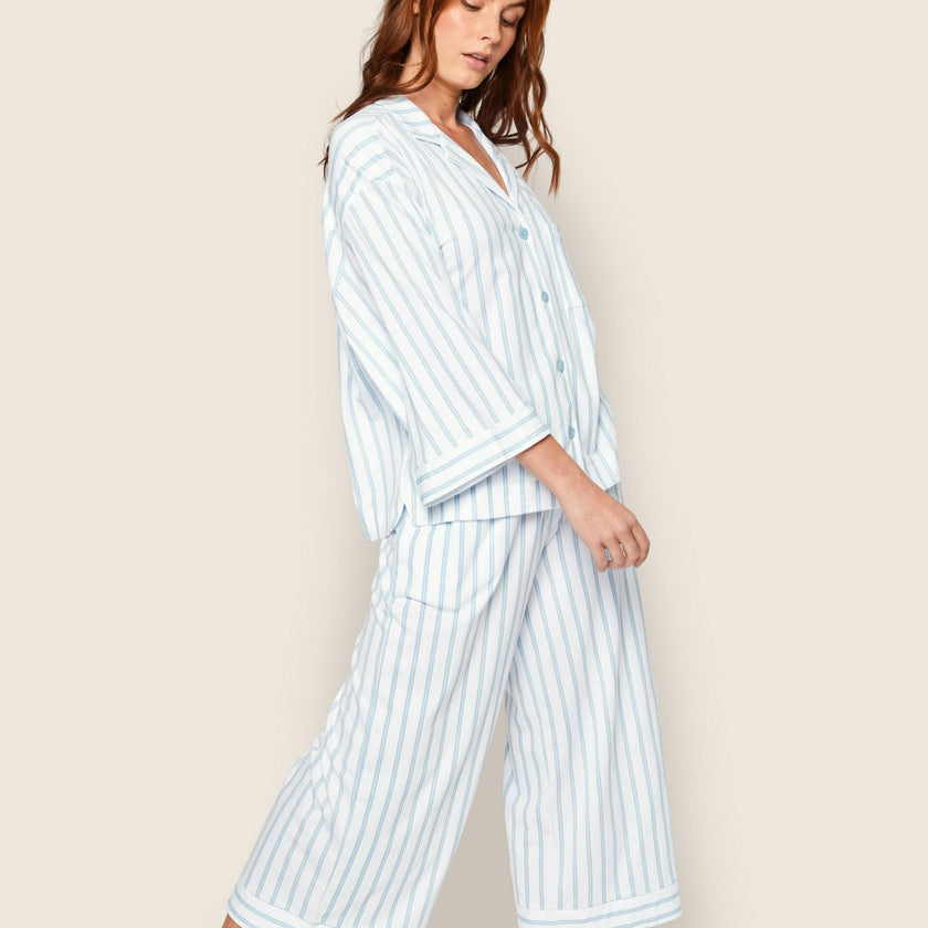 The Olivia Wide Leg Pima Pajama Set in Periwinkle Stripe