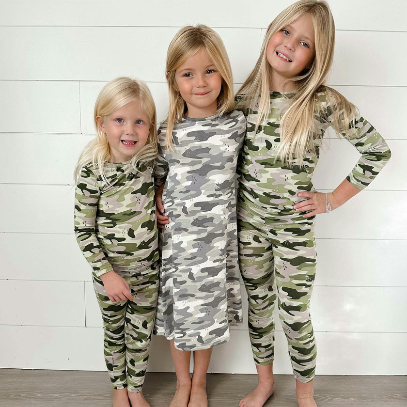 Grey Camo Bamboo Girls' Long Sleeve Dress