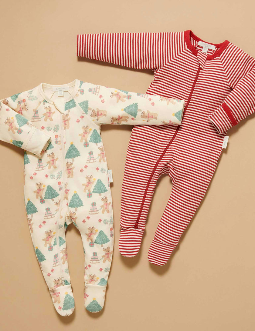 2 Pack Printed Zip Growsuit Deer Christmas Print