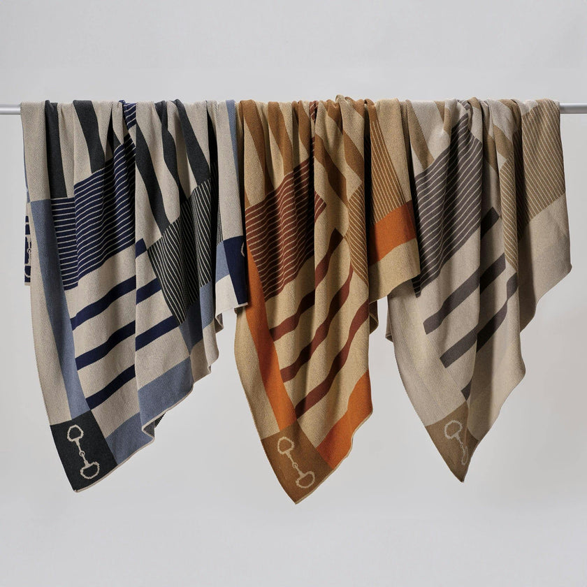 Cotton Sustainable Knit Plaid Throw Blanket - Equestrian Stable Stripe