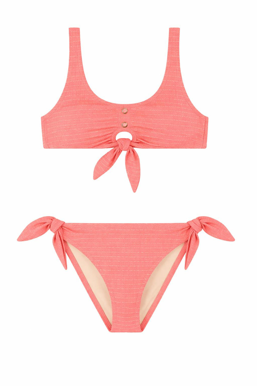 Girls' two-piece swimsuit with snap buttons, coral/gold | CALYPSO 2P
