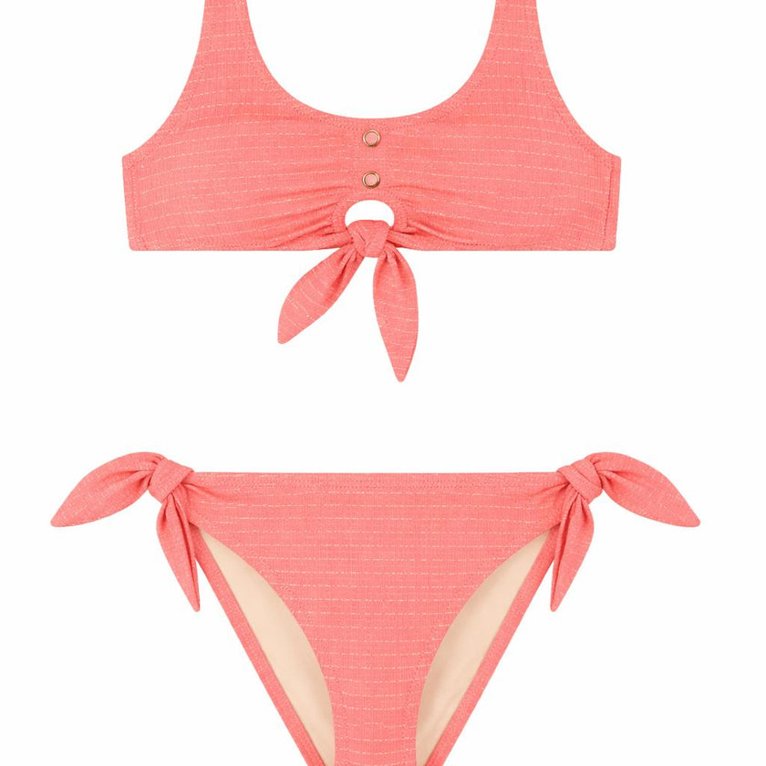 Girls' two-piece swimsuit with snap buttons, coral/gold | CALYPSO 2P