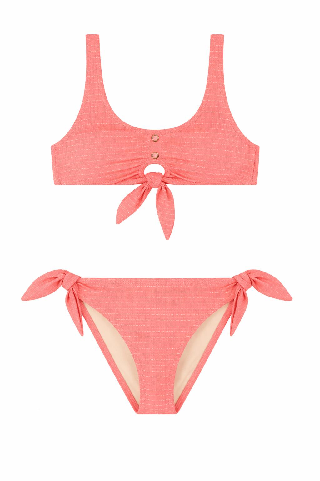 Girls' two-piece swimsuit with snap buttons, coral/gold | CALYPSO 2P