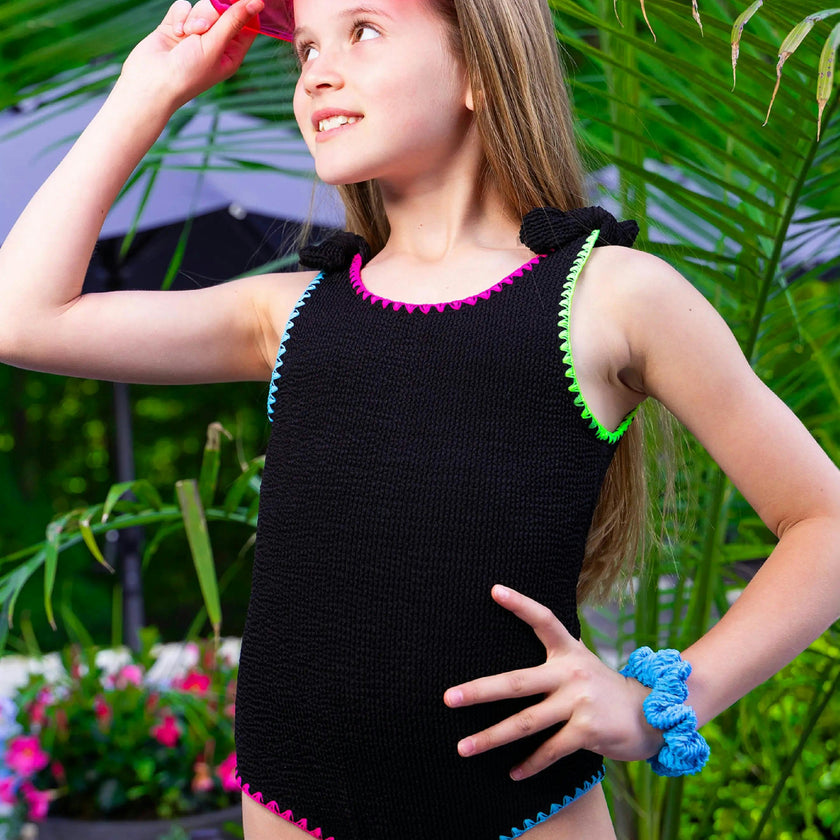 Kaya Crinkle Bow Tie One Piece - Embroidered Trim Black