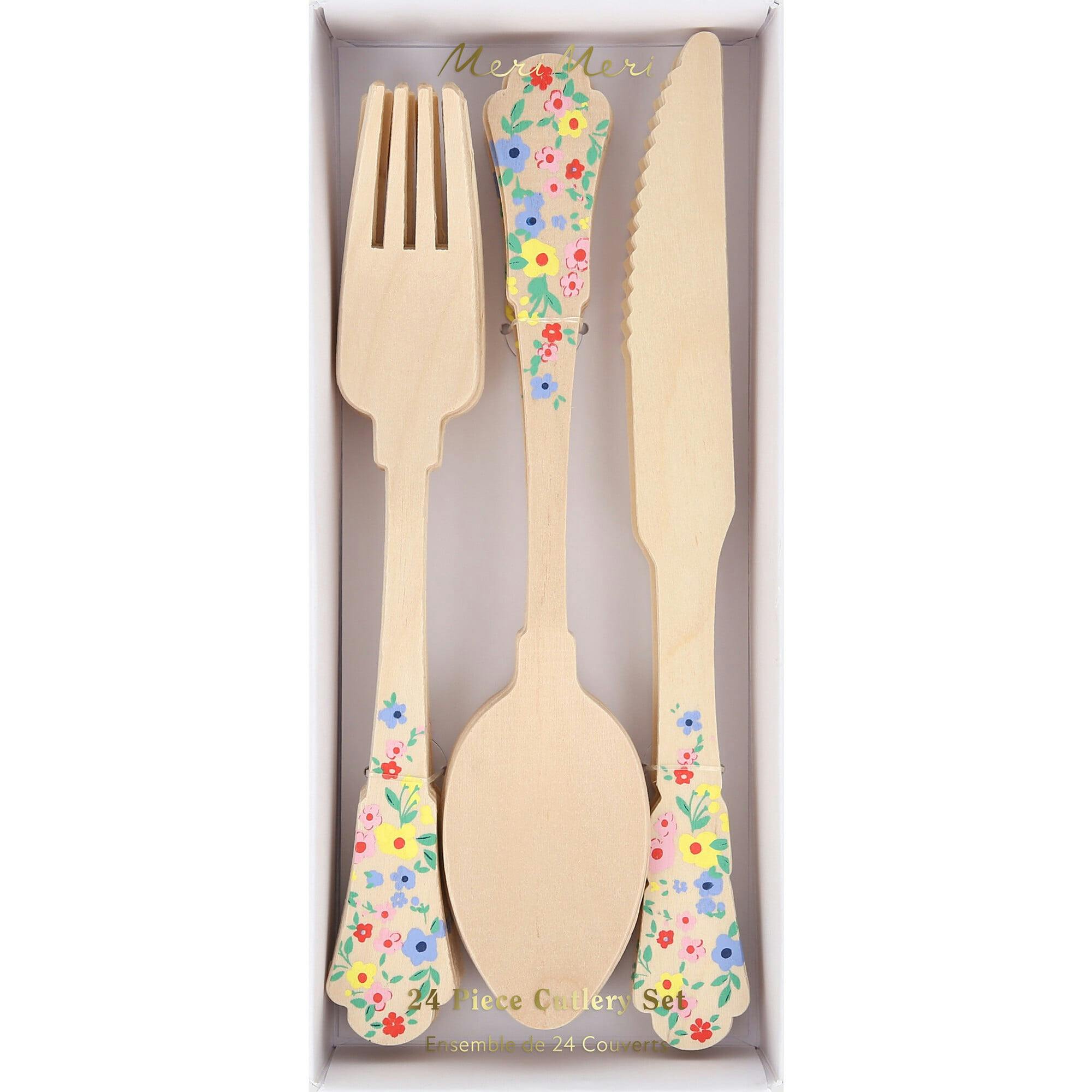 Elegant Floral Wooden Cutlery Set