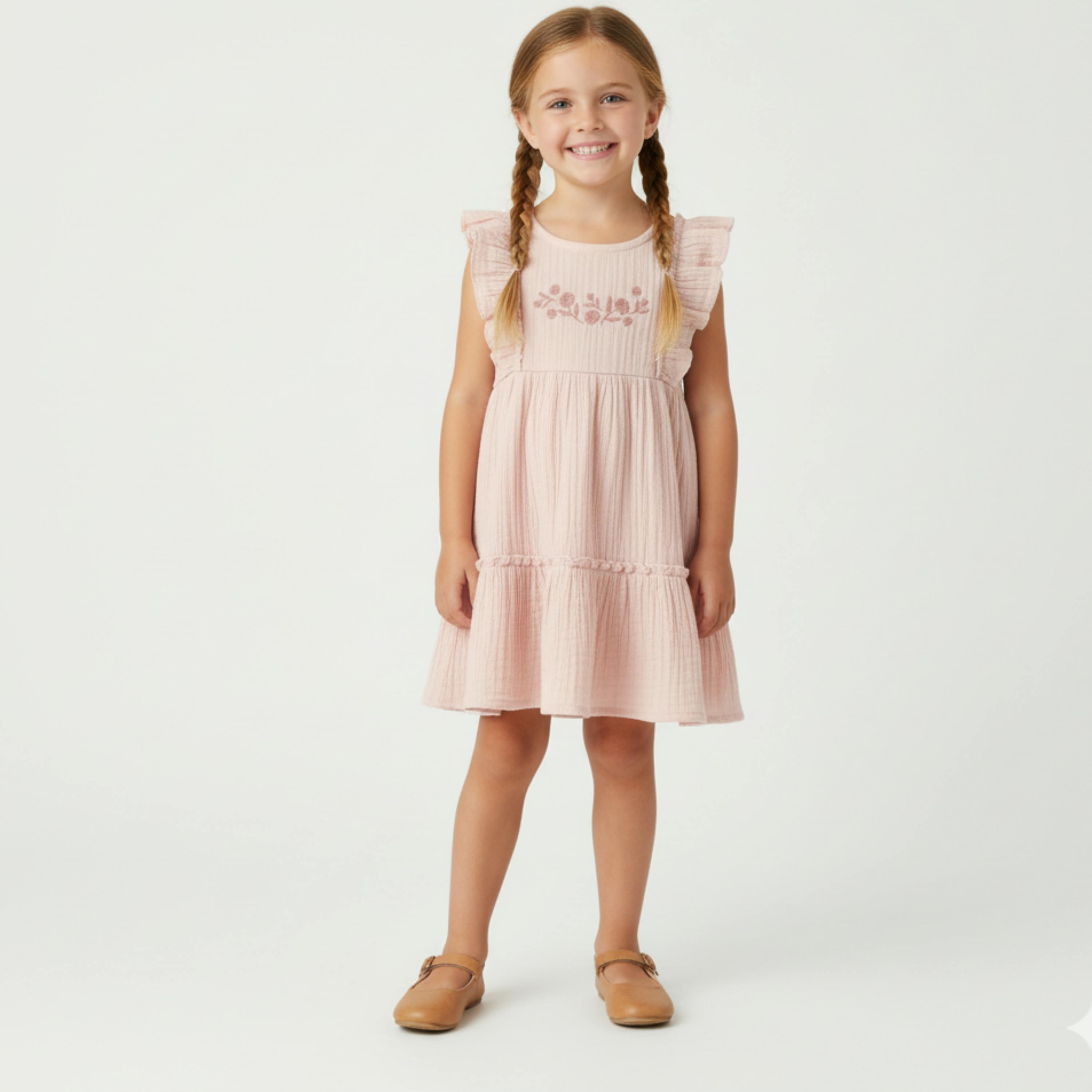 Organic Embroidered Tiered Dress - Blush
