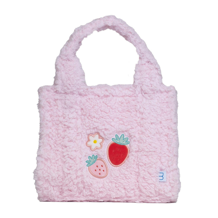 Sherpa Tote Bag – Cozy, Colorful & Convertible with Matching Coin Purse, Strawberries + Daisies