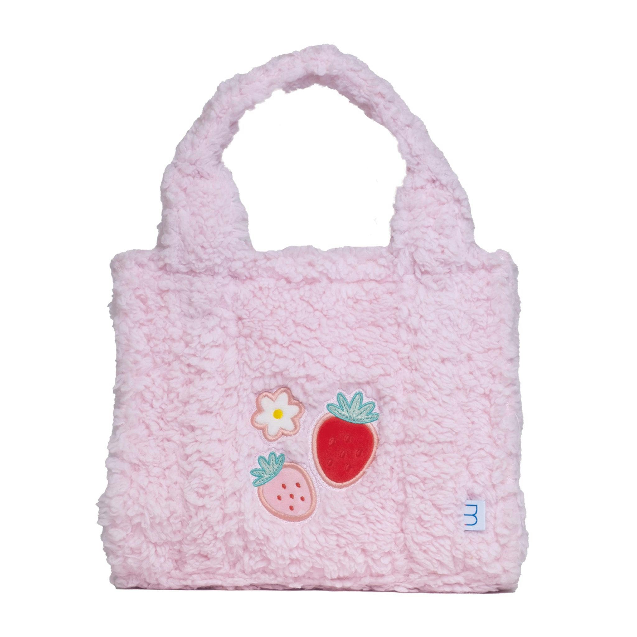 Sherpa Tote Bag – Cozy, Colorful & Convertible with Matching Coin Purse, Strawberries + Daisies
