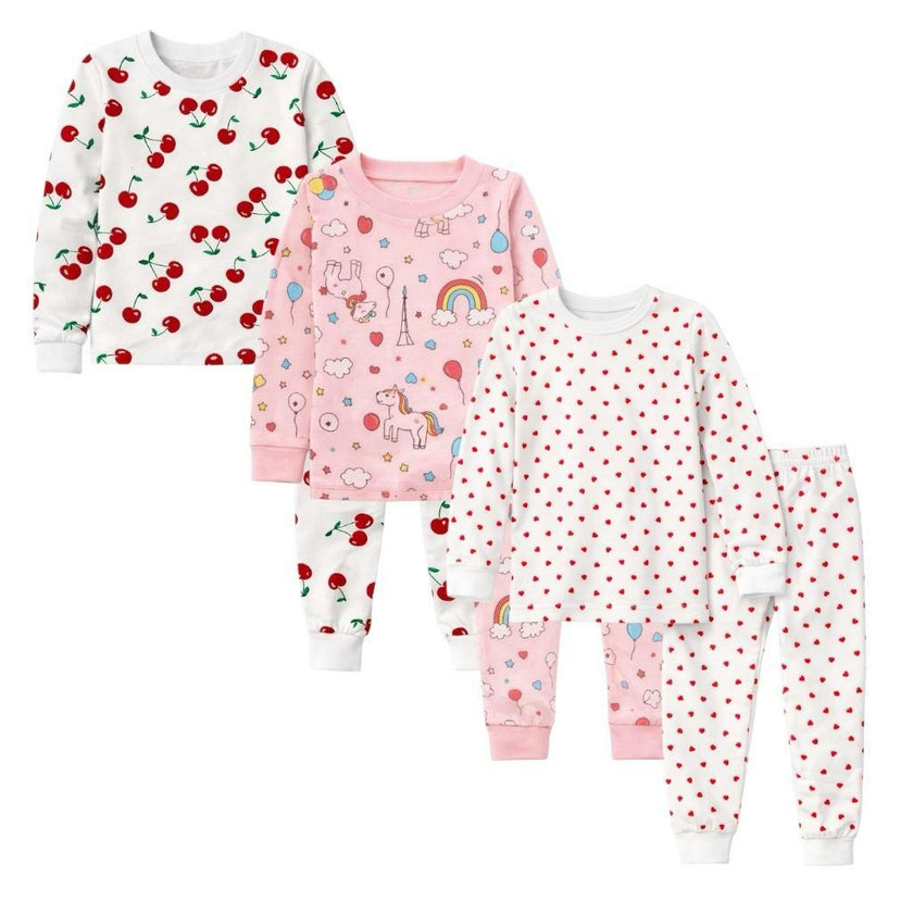 Kids and Toddlers 3 Pack Girls Rainbows/Hearts/Cherries Long Sleeve Snug Fitted Pajamas