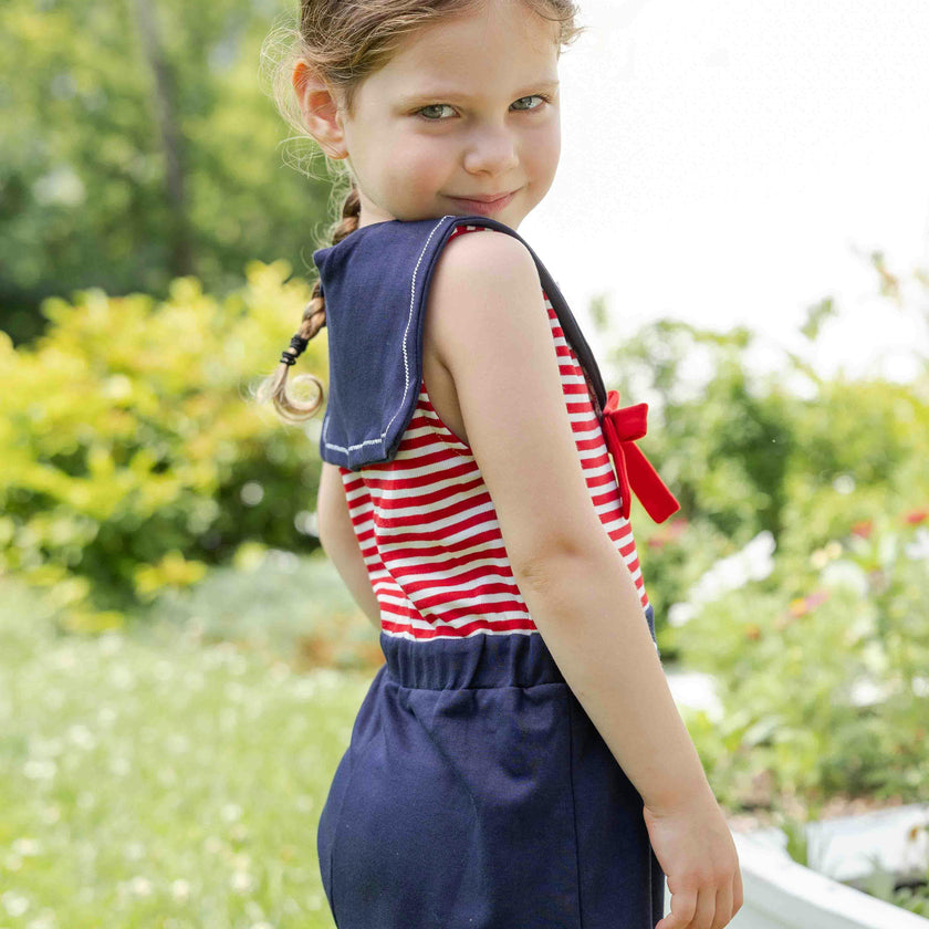 Stripe Knit Shorts Romper With Sailor Collar