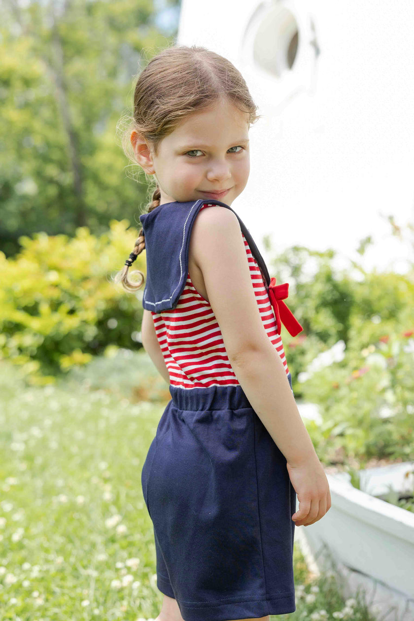Stripe Knit Shorts Romper With Sailor Collar