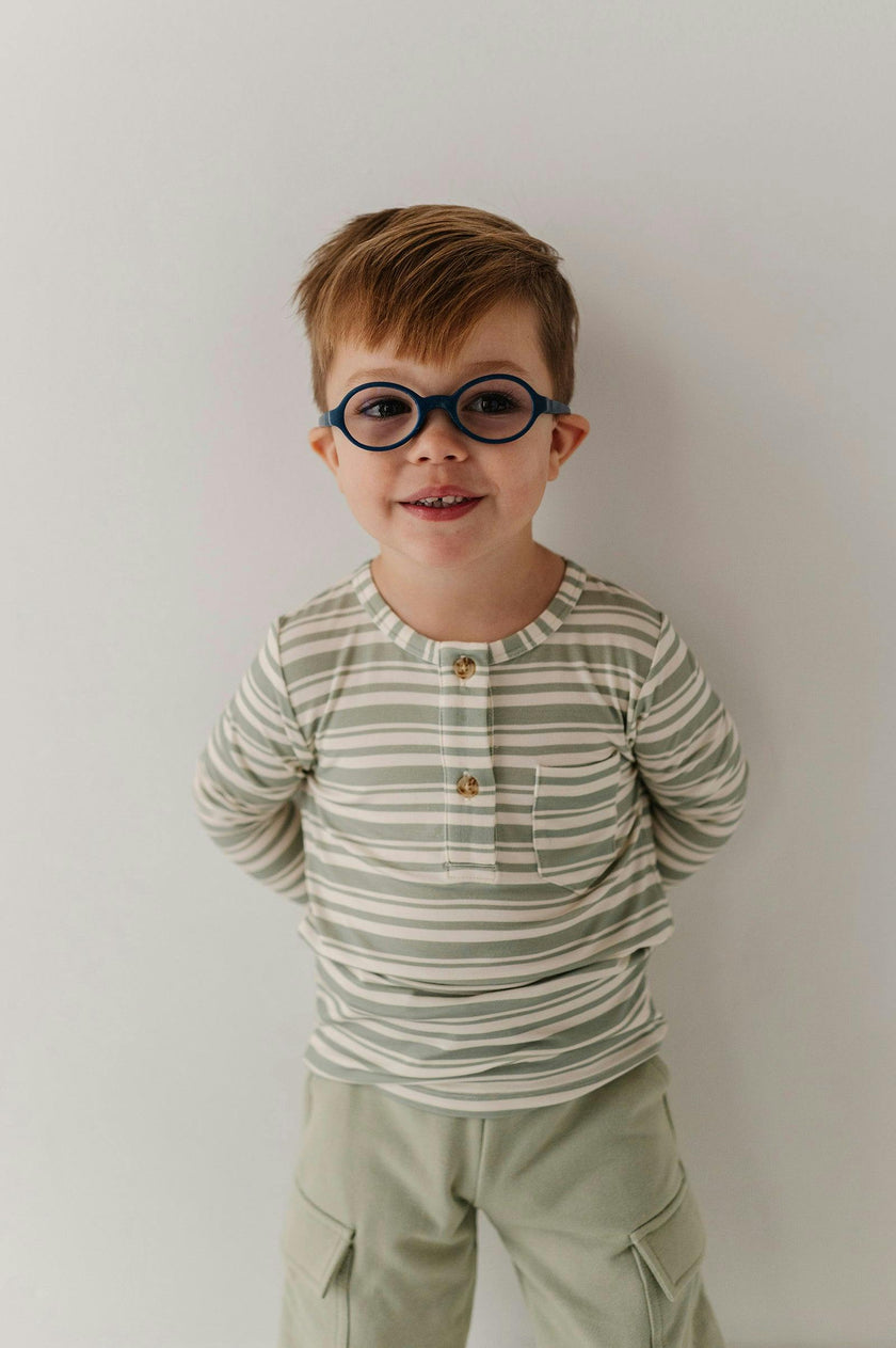 Boys Long Sleeve Henley Shirt in Sage Stripe