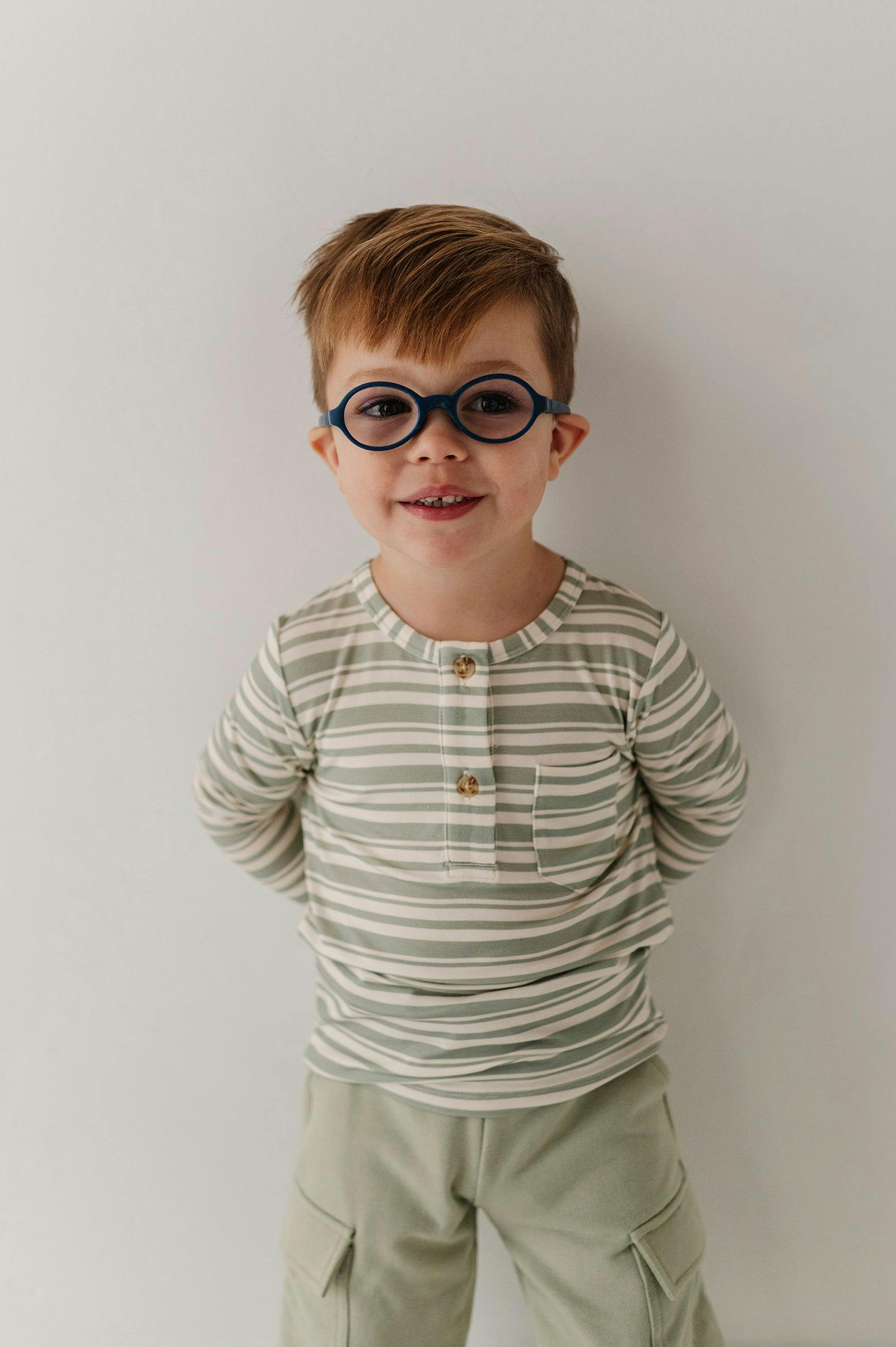 Boys Long Sleeve Henley Shirt in Sage Stripe