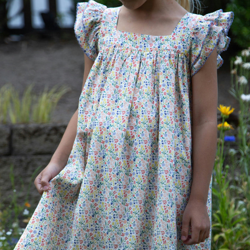 Girls Everly Square Neck Dress | Yellow Petal Confetti