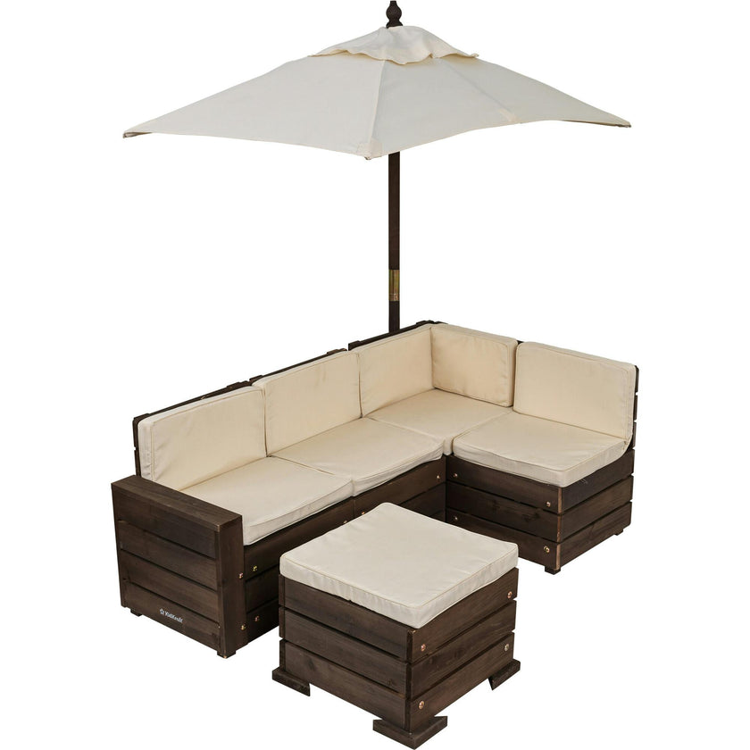 Wooden Outdoor Sectional Ottoman & Umbrella Set with Cushions