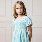 Linen Smocked Short Bubble Sleeve Dress, Blue