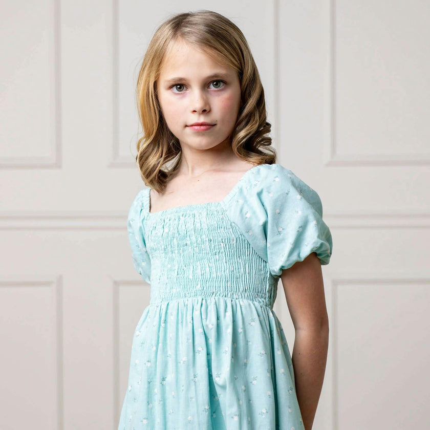 Linen Smocked Short Bubble Sleeve Dress, Blue