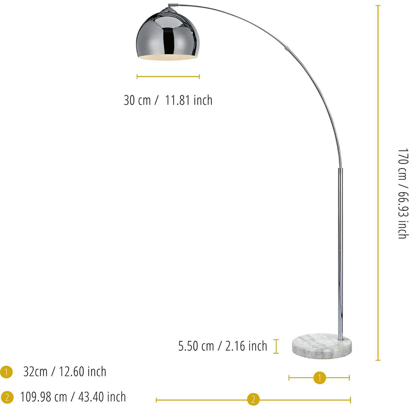 Arquer Arc Floor Lamp With Chrome Finished Shade And White Marble Base