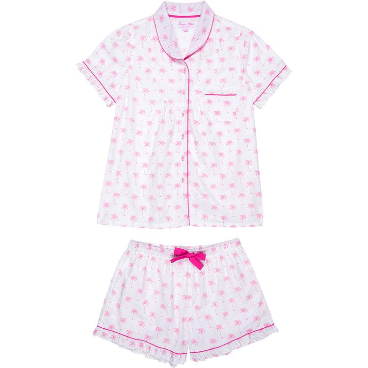 Women's Pink Palm Tree Short PJ Set - Organic Cotton Poplin