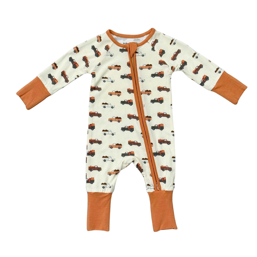 Baby Boy Long Sleeve Zip Romper in Pumpkin Trucks