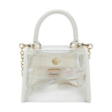 Packed Party Clear Mini Crossbody Bag - White Trim with Gold Chain Strap, Removable Satin Bow Scarf, Top Handle, 7x3.5x5 Inch